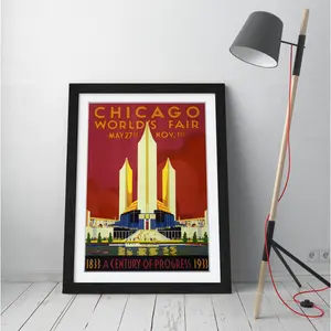 Vintage Chicago Worlds Fair Poster - Single Picture Frame Print on Canvas Black Frame / 35cm H x 26cm W x 2cm D 