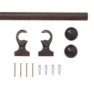 Satin Brown Walnut effect Non extendable Ball Single curtain pole set, (L)2m (Dia)28mm