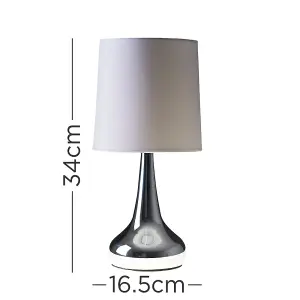 ValueLights Pair Of Modern Silver Chrome Teardrop Touch Bed Side Table Lamps With Grey Fabric Shades