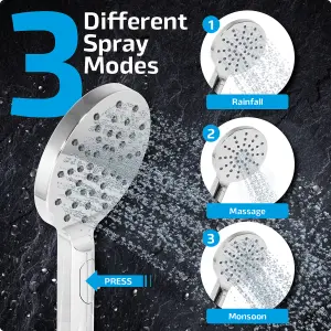 SPARES2GO Shower Head Round Chrome 1/2inch 3 Mode Spray Large Showerhead