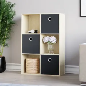 Vida Designs Durham Oak 2x3 Cube Storage Unit & Set of 3 Black Foldable Cube Storage Baskets