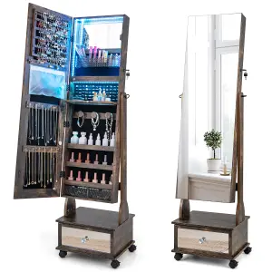 Costway Lockable Jewelry Armoire w/ Full-Length Mirror Mobile Jewelry Cabinet w/ 3-Color Light & Drawer Adjustable Angles