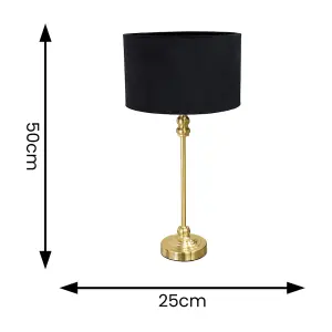 ValueLights Maggie Gold Metal Candlestick Slim Table Lamp with Black Velvet Drum Lamp Shade and LED Bulb