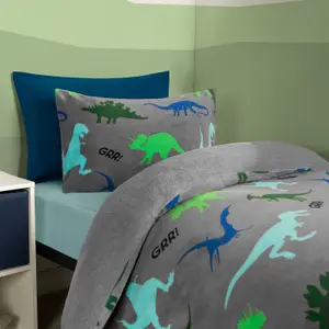 Dino Fleece Duvet Cover Set Grey Bedding Quilt Warm Thermal Soft Kids - Single