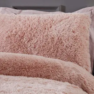 Sleepdown Blush Pink Shaggy Faux Fur Long Pile Fleece Duvet Quilt Cover Set Thermal Bedding Single