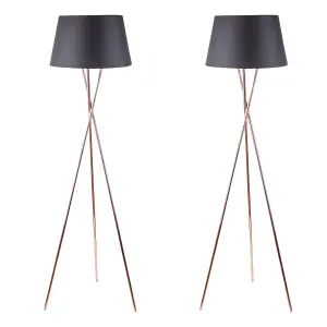 First Choice Lighting Pair Copper Tripod Floor Lamp with Black Fabric Shade