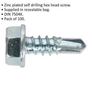 100 Pack of Zinc Plated Self Drilling Hex Head Screws 4.2 x 13mm for Easy Installation