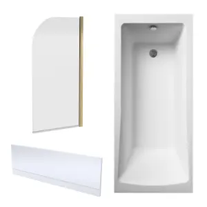 Shower Bath Bundle Single End Square Tub, Front Panel & Round Bath Screen, 1700mm x 750mm, Brushed Brass