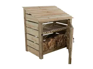 Slatted wooden log store with door and kindling shelf W-119cm, H-126cm, D-88cm - natural (light green) finish