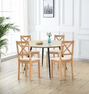 Hallowood Furniture Cullompton Large Oak Effect Round Dining Table with 4 Cross Back Oak Chairs, Beige Seats