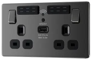 GoodHome Black Nickel 13A Switched Double Screwless WiFi extender socket with USB