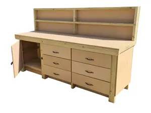 Wooden MDF top workbench, tool cabinet with lockable cupboard (V.3) (H-90cm, D-70cm, L-240cm) with back