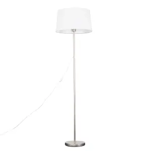 ValueLights Modern Standard Floor Lamp In Brushed Chrome Metal Finish With White Faux Linen Tapered Shade