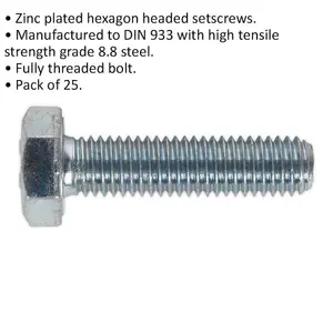 High-Quality M10 x 40mm Setscrew - 25 Pack, Grade 8.8 Zinc Coated, Fully Threaded