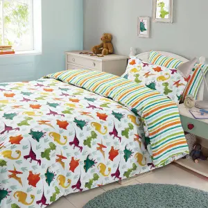 Dreamscene Duvet Cover with Pillowcase Bedding Set, Dinosaur Green Orange - Single