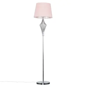 ValueLights Jaspa Polished Chrome Metal Wire Geometric Diamond Design Floor Lamp with Pink Shade