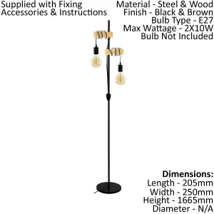 Standing Floor Lamp Light Black Base & Twin Wood Hangman 2 x 10W E27 Bulb