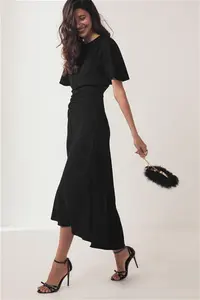 Womens Next Black Short Sleeve Ruched Midi Dress - Black