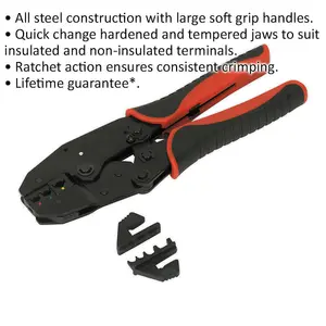 Ratchet Crimping Tool - Interchangeable Hardened & Tempered Jaws - Soft Grip