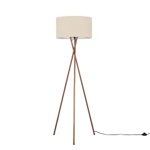 ValueLights Camden Modern Copper Metal Tripod Floor Lamp with Beige Cylinder Shade - Includes 6w LED Bulb 3000K Warm White