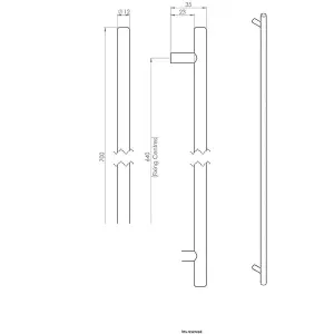 2x Round T Bar Cabinet Pull Handle 704 x 12mm 640mm Fixing Centres Satin Nickel