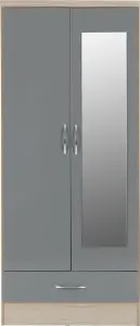 Nevada Mirrored 2 Door 1 Drawer Wardrobe Grey and Oak Effect