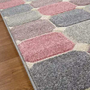 Modern Easy to Clean Chequered Geometric Pink Rug for Dining Room-200cm X 285cm