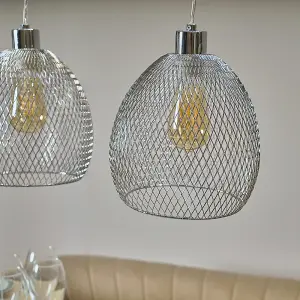 ValueLights Novo 3 Way Chrome Over Table Ceiling Light Fitting with Suspended Mesh Lightshades and 4w LED Filament Bulbs