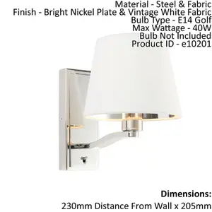 Wall Light Bright Nickel Plate & Vintage White Fabric 40W E14 Dimmable