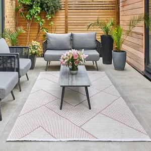 Pink Outdoor Rug, Geometric Striped Stain-Resistant Rug For Patio Decks, 3mm  Modern Outdoor Area Rug-190cm X 290cm