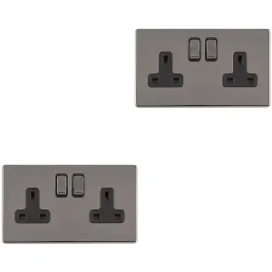 2 PACK 2 Gang DP 13A Switched UK Plug Socket SCREWLESS BLACK NICKEL Wall Power