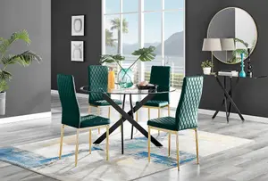 Furniturebox UK Novara Black Leg 120cm Round Glass Dining Table & 4 Green Velvet Milan Gold Leg Chairs