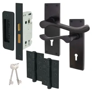 AFIT Black Victorian Scroll Door Handle Key Lock Set, 1 Pair of Internal Lever on Backplate with Hinges 76mm Sash Lock 64mm & Keys