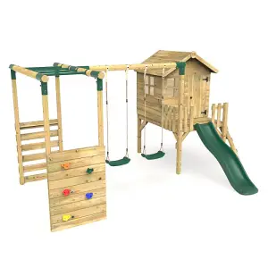 Rebo Orchard 4ft Wooden Children's Playhouse, Swings, Monkey Bars, Deck & 6ft Slide - Double Swing - Venus Green