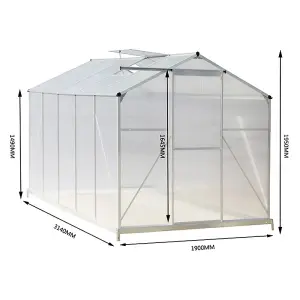 Polycarbonate Greenhouse Aluminium Frame Walk In Garden Green House with Base Foundation Silver 10x6 ft