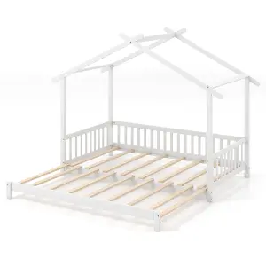 COSTWAY Single to Double Kids Bed Frame Wooden Extendable House Bed w/ Roof Frame