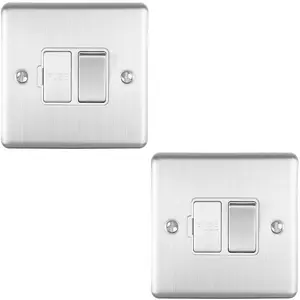 2 PACK 13A DP Switched Fuse Spur SATIN STEEL & White Mains Isolation Wall Plate