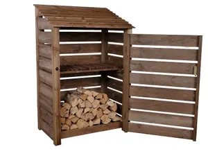 Slatted wooden log store with door and kindling shelf W-119cm, H-180cm, D-88cm - brown finish