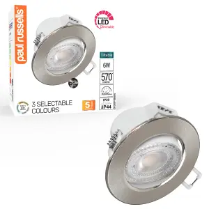 paul russells LED Downlight Brush Nickel Dimmable Tilt Recessed Ceiling SpotLight 6W 570 Lumens, IP44, Colour Changeable CCT3