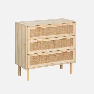 sweeek. 3-drawer chest with cane and wooden effect Camargue Natural 80x40x80 cm