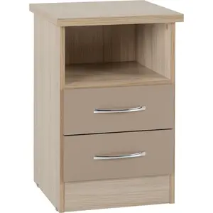 Cascio 2 Drawer Bedside Table Oyster Gloss/Light Oak Effect Veneer