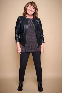 Bonmarche Black Faux Leather Collarless Jacket, Size: 18