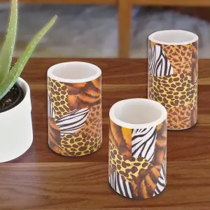 3 x Animal Print Real Wax LED Pillar Candles - Battery Powered Flickering Light Home Decoration - 1 of Each 10, 12 & 15cm