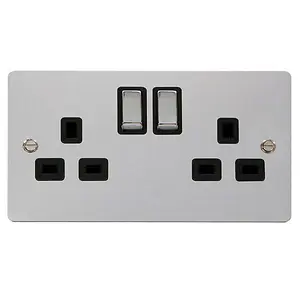 Flat Plate Polished Chrome 2 Gang 13A DP Ingot Twin Double Switched Plug Socket - Black Trim - SE Home