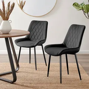 Palermo Velvet Modern Dining Chairs with Tapered Metal Legs & Quilted Diamond Stitching (Set of 2) Black / Black