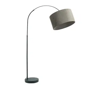 ValueLights Louis Black Arched Curved Floor Lamp with Grey Velvet Drum Lamp Shade and LED Bulb