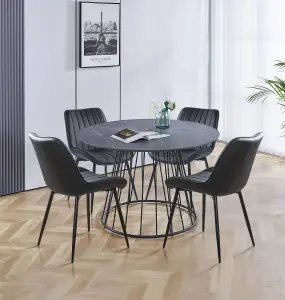 Hallowood Furniture Cullompton Large 120cm Round Table with 4 Black Bonded Leather Dining Chairs