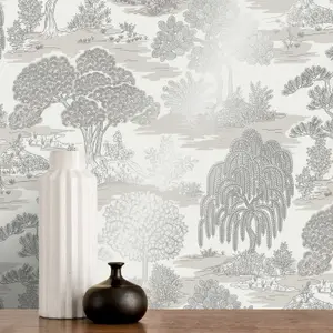 Fine Decor Zen Toile Silver Wallpaper