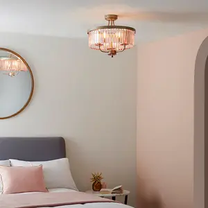 Round Champagne Finished Semi Flush Ceiling Light Rose Pink Cut Glass Detailing