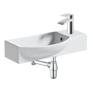 460mm Curved Wall Hung 1 Tap Hole Basin Chrome Sleek Waterfall Tap & Bottle Trap Waste